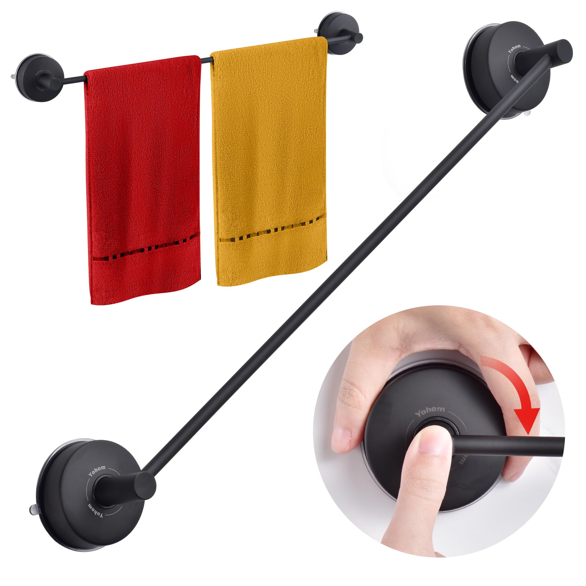 YOHOM Stainless Steel Suction Towel & Hand Towel Holder - 55 CM, Suction Cup, Single Shower & Tea Towel Rack - Black