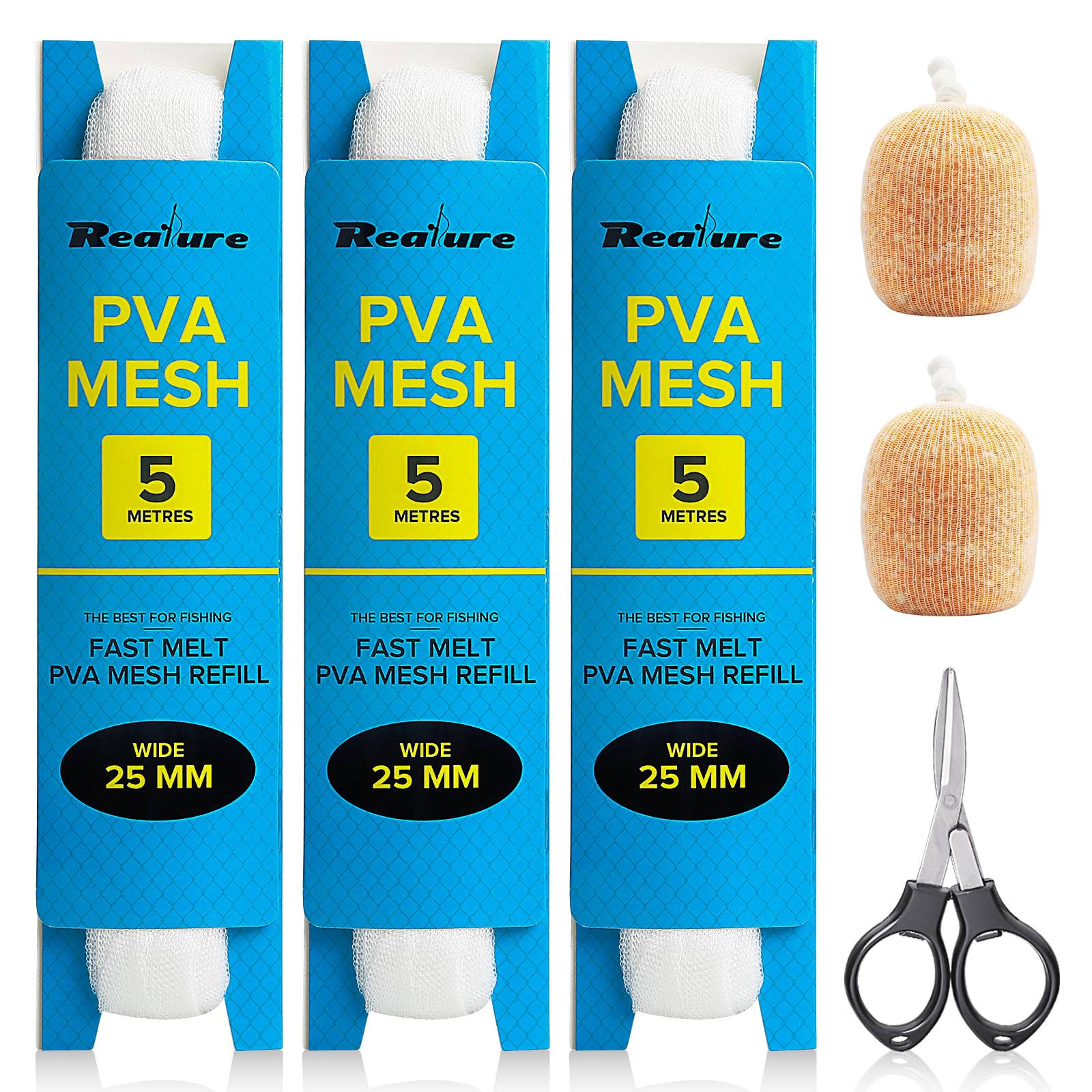 Realure 3 Pcs 5M Fishing Pva Mesh Refill 25/37/44mm Wide Pva Mesh Carp Fishing Accessories with Scissors, Fast Melt Water Soluble Pva Mesh Bag Fishing for Boilie, Bait, Precise Feeding (25mm)