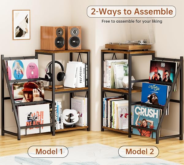 Y&M 3-TIER RECORD PLAYER STAND WITH VINYL RECORD STORAGE HOLDS UP TO 200 ALBUMS, TURNTABLE STAND WITH ALBUM STORAGE, RECORD SHELF DISPLAY TABLE FOR CD, END TABLE FOR HOME DECOR BEDROOM LIVING ROOM