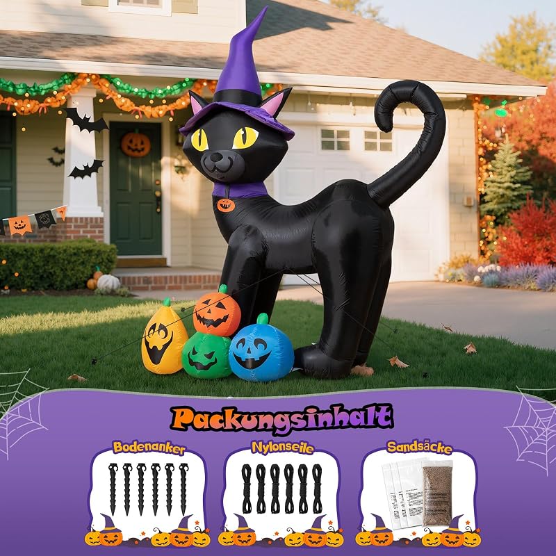 180CM Black Katze Halloween Aufblasbare Dekoration – Aufblasbare Zaubererkatze Gartendeko mit integrierten LED Leuchten – Blow Up Halloween Decoration Outdoor für Rasen Garten Party — Foto 6 von 8