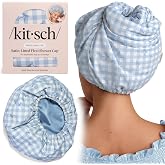 Kitsch Luxury Satin-Lined Flexi Shower Cap for Women - Gingham Blue | Shower Caps for Women Reusable Waterproof - Non-slip, Comfortable Quick-dry Hair Shower Cap for All Hair Types