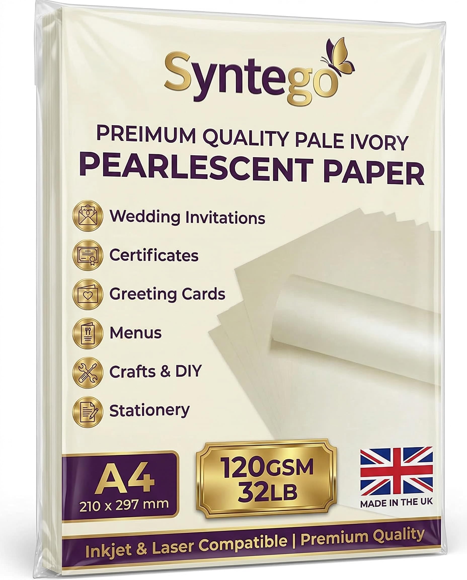 Premium Pearlescent Paper A4 (8.27 x 11.7”) 120gsm (32lb Bond) – Shimmer Cardstock Sheets for Inkjet & Laser Printers – Ideal for Certificates, Invitations, Menus & Crafts – Made in UK (100, Ivory)
