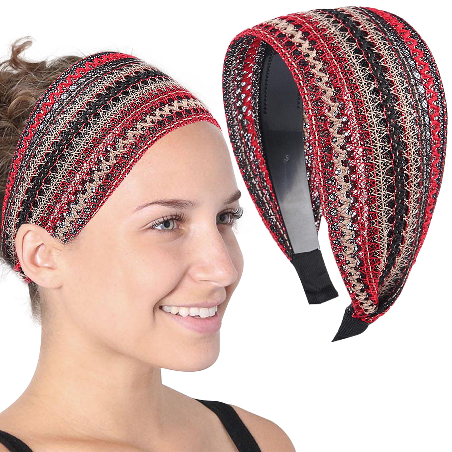 Red Extra Wide Hard Headbands, Boho Headband with Teeth Large Non Slip Headbands Fabric Hair Hoop Headwrap Fashion Hairbands Hair Accessories for Women Girls