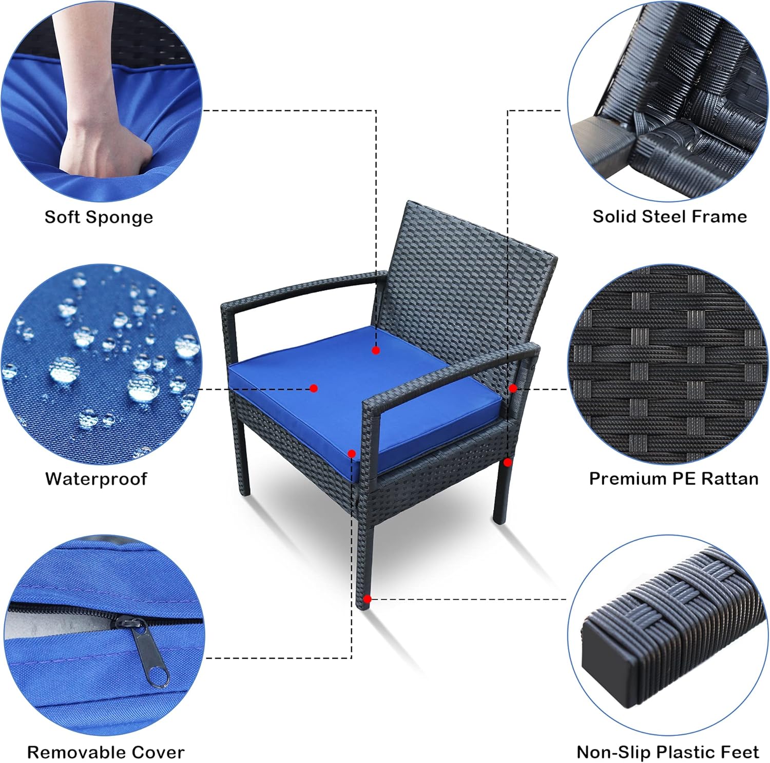 PAOLFOX 3 Pieces Patio Rattan Furniture Set,Outdoor Conversation Set w/Weather Resistant Cushions Tempered Glass Tabletop for Garden, Lawn Pool, Backyard, Poolside (Blue): Garden & Outdoor