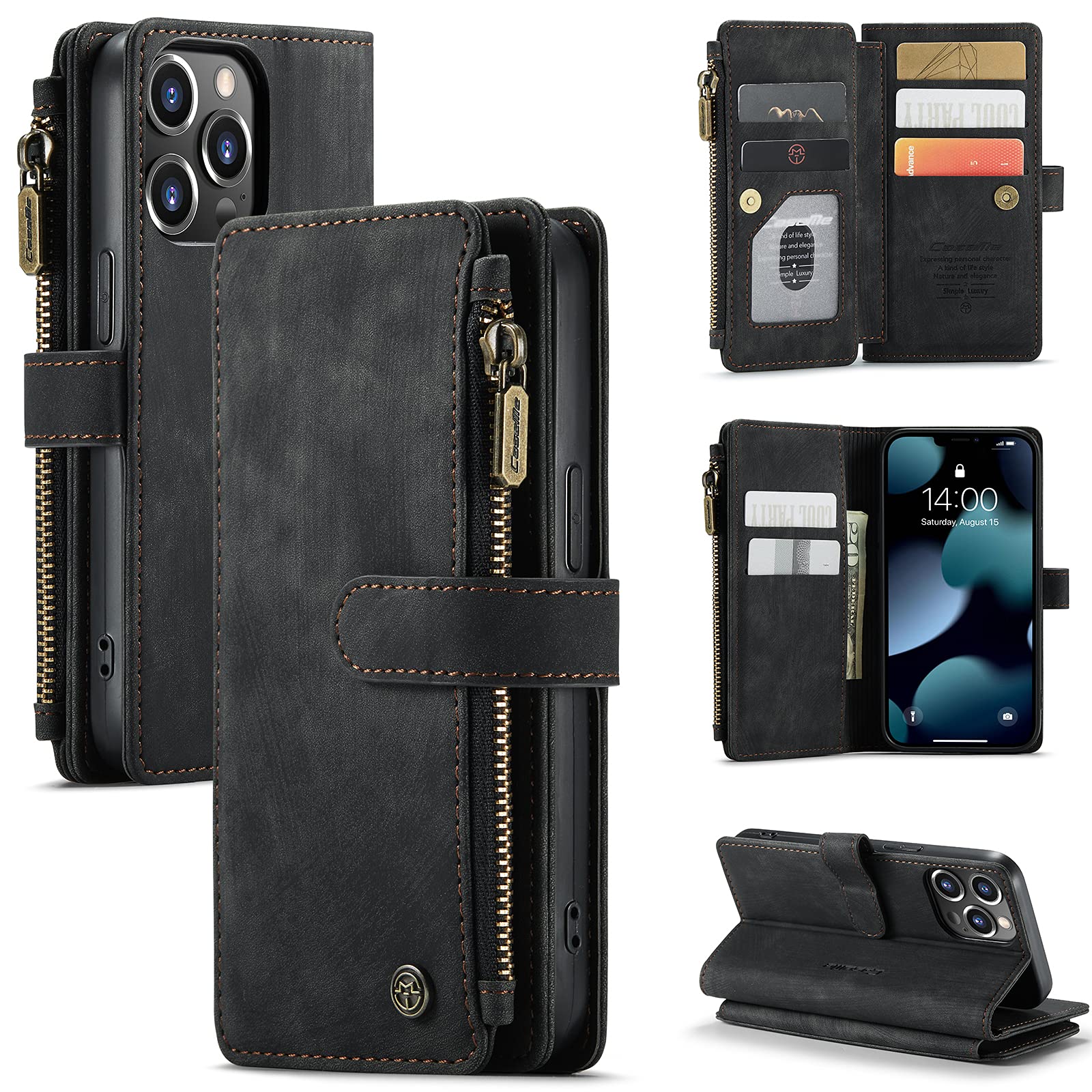 RUEBCOAK for iPhone 13 Pro Wallet Case, Multifunction Premium PU Leather Zipper Flip Folio Shockproof case with Magnetic Closure Built-in Kickstand and Card Slot for iPhone 13 Pro 6.1 inch (Black)