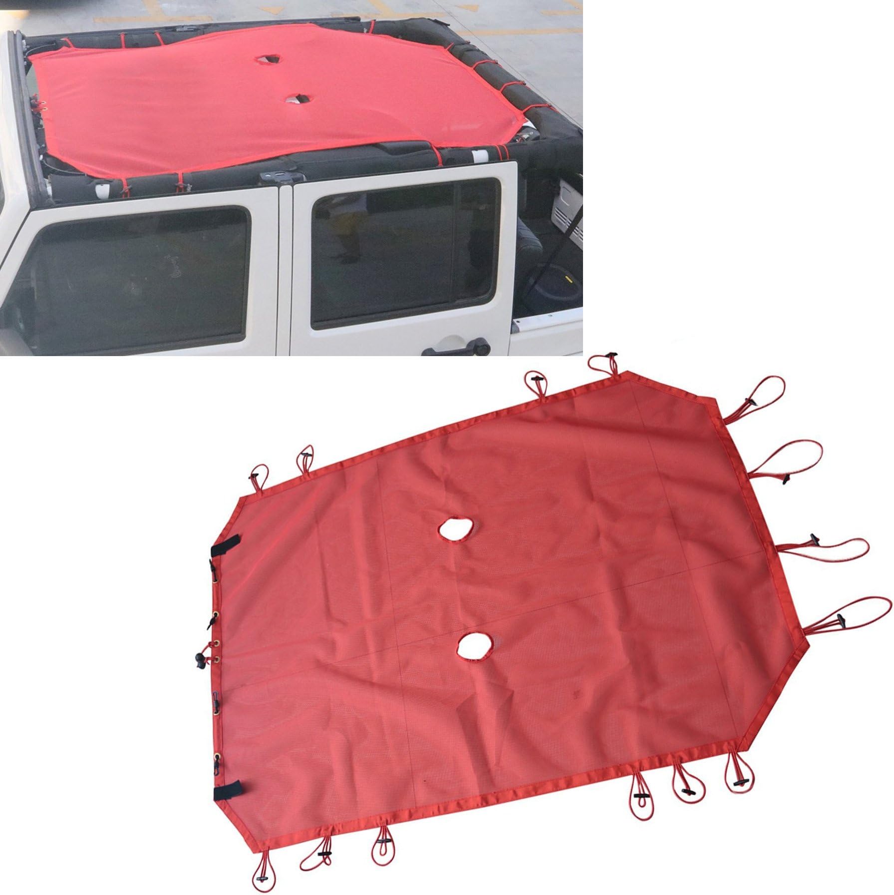 AVOMAR Red Eclipse Sunshade Mesh Sun Shade Full Top Cover UV Protection with Storage Pockets Compatible for 2007-2017 Jeep Wrangler JK & Unlimited 4 Door (Without 5 Star Logo)