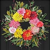 24" Dahlia Spring Summer Wreath with Rose, Peony and Green Leaves, Colorful Artificial Flower Wreath for Front Door Home Wall Wedding Farmhouse Holiday Outdoor Indoor Décor