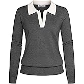 Kate Kasin Women Long Sleeve Polo Sweater V Neck Knitted Tops Casual Ribbed Shirt Loose Pullover Sweater