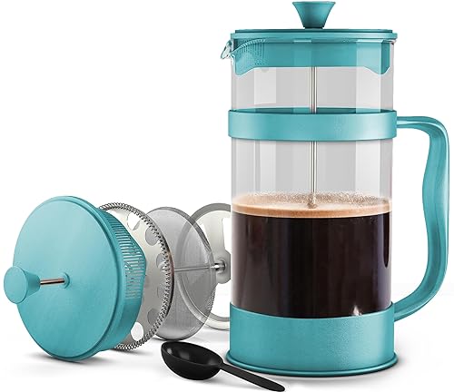 KICHLY 1000ml Cafetiere 8 Cup French Press Coffee Maker, Coffee Press and Tea Maker with Triple Filters, Heat Resistant Borosilicate Glass Caffettiere with Steel Plunger (1.0Ltr, Aqua, 1 Piece)