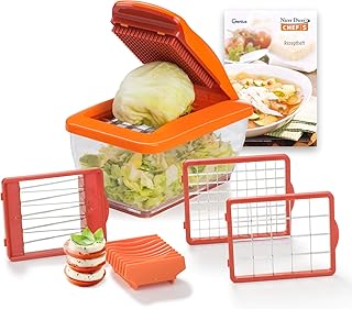 Genius Nicer Dicer Chef S Food Processor | Zwiebel Zerkleinerer | Mandoline Gemüseschneider 8 in 1 Gemüse in Würfel schneiden, Edelstahl, Kunststoff, Orange, 21 x 12 x 8 cm