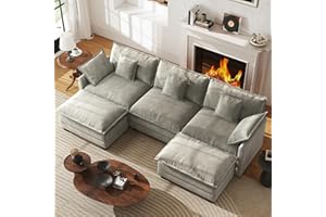 WorthFurni 111.4” Modular Sectional Sofa, U Shape Cloud Couch with 2 Movable Ottoman, Comfy Chenille Deep Seat Sofa with Soft Pillows for Apartment Living Room Bedroom（Grey）