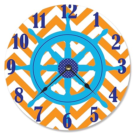 Stupell Home Decor Ship Wheel Orange Chevron Wall Clock, 12 x 0.4 x 12, Proudly Made in USA
