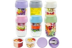 MIUYHJI Overnight Oats Containers with Lids, 6-Pack Glass Mason Jars 16 oz with Lids, Folding Spoons and Separated Compartmen