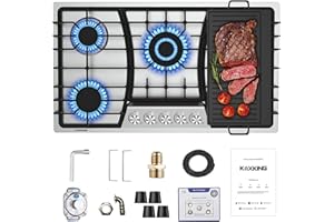 KOXKING 36 Inch Gas Cooktop with Griddle, Gas Stove Top with 5, Reversible Cast Iron Grill/Griddle, NG/LPG Convertible, with Thermocouple Protection, Stainless Steel