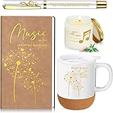 SiliFine 4 Pcs Music Lover Gifts Women Men 15 oz Musician Coffee Mug with Lid Leather Journal Notebook Candle and Pen Set Music Teacher Gift for Piano Students Birthday Valentines Retirement(White)