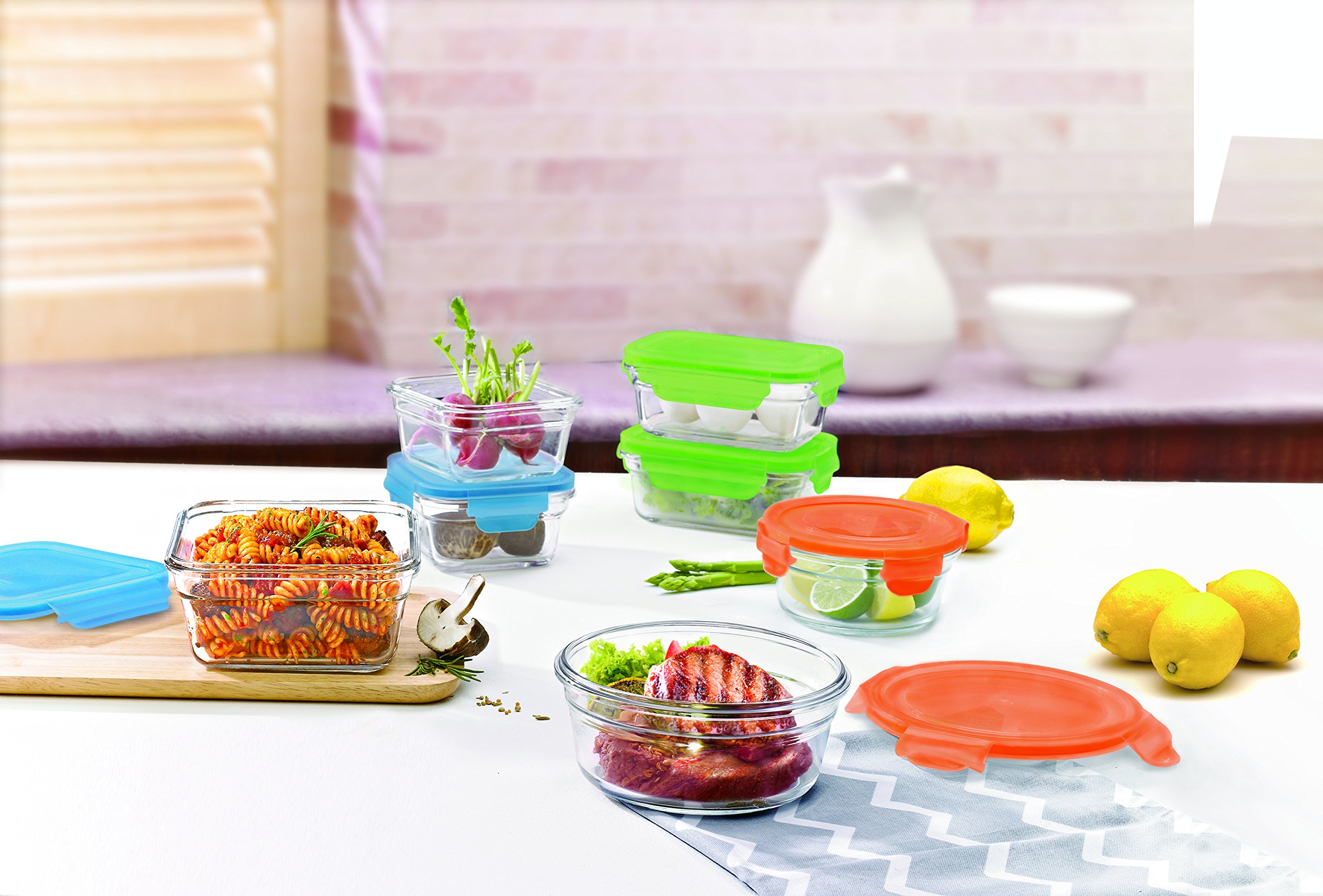 Glasslock 14pc Set Assorted Color Lids Airtight Spill Proof Food