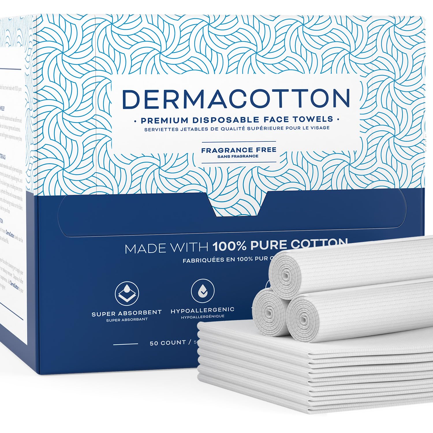 Photo 1 of Dermacotton Disposable Cotton Face Towels – Super Soft Face Wipes, Hypoallergenic Makeup Remover Wipes, Suitable for All Skin Types Including Sensitive Skin – Biodegradable Facial Cloths (50 Pack)