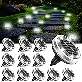 Solar Ground Lights Outdoor 12 Pack Waterproof Upgraded Flat Solar Garden Lights with 4 Side Light Stainless Steel Solar Powered Disc Light for Walkway Pathway Landscape Lawn Yard - Cool White