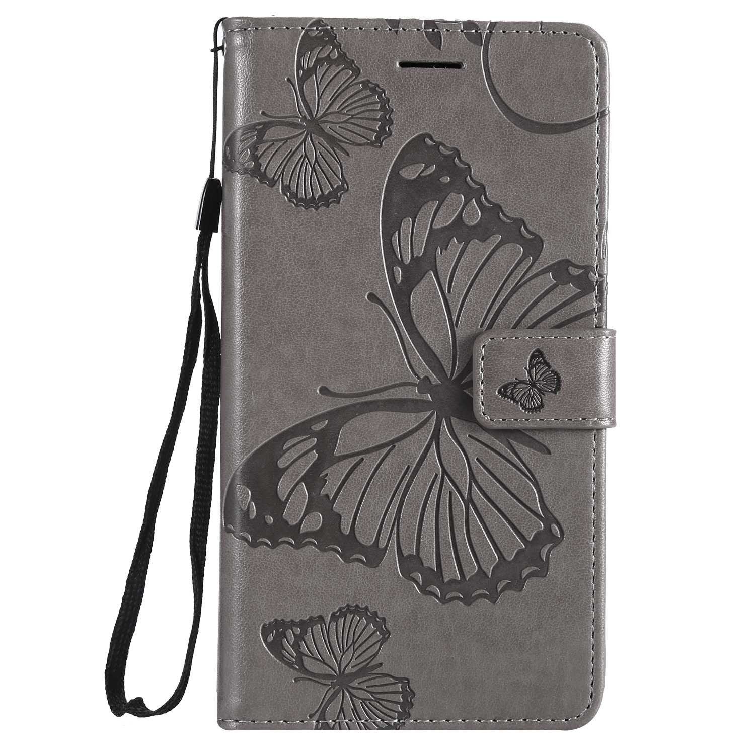 DENDICO Wallet Case for Samsung Galaxy J4 2018, Flip Leather Case with Card Slots and Stand Feature, Butterfly Pattern Design Protective Cover for Galaxy J4 2018 - Grey
