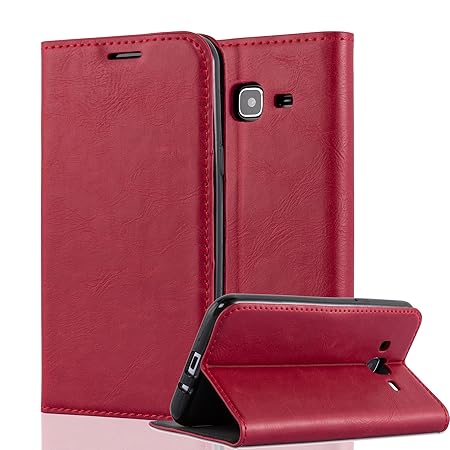 Cadorabo Hülle für Samsung Galaxy J3 2016 (6) - Hülle in Apfel ROT – Handyhülle mit Magnetverschluss, Standfunktion und Karte