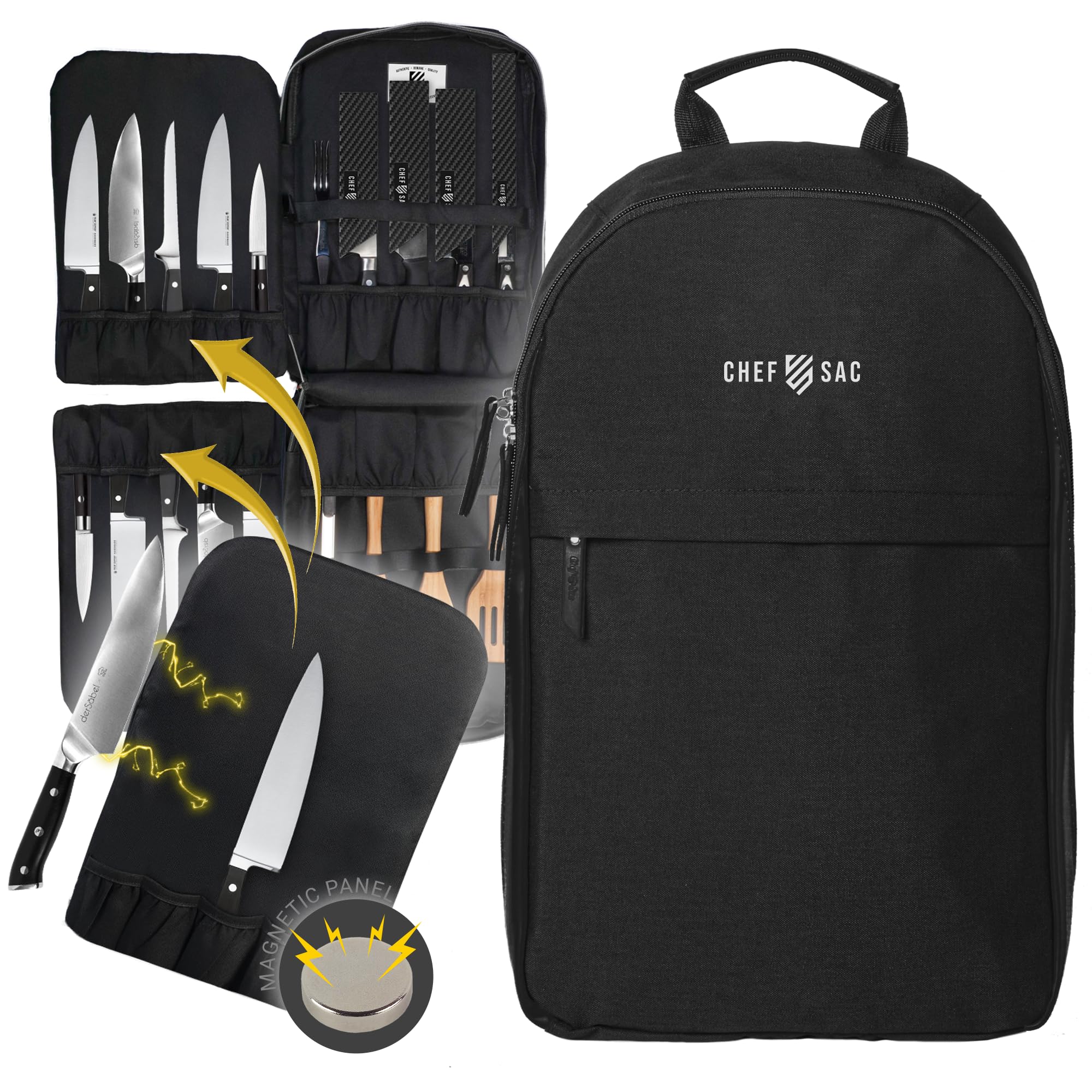 Photo 1 of Magnet Chef Knife Backpack | 20+ Pockets for Knives & Tools | Large Pocket for Tablet & Notebooks | Knife Backpack for Chefs (Black)