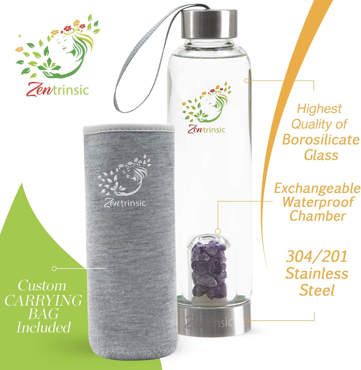 Zentrinsic Crystal Infused Water Bottle includes 3 sets of Healing Crystals-Rose Quartz, Clear Quartz, Amethyst & a Neoprene Sleeve to allow you to create Elixirs of Love & Tranquillity, Clarity & Power, Peace & Energy OR use your own Gems and Stones: Kitchen & Dining