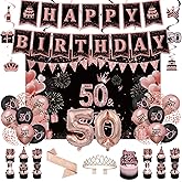 50th Birthday Decorations for Women, 43pcs Rose Gold 50th Birthday Crown and Sash, Backdrop, Banner, Hanging Swirl, Cake Topper, Balloons, 50 Years Old Happy Birthday Decorations Kit