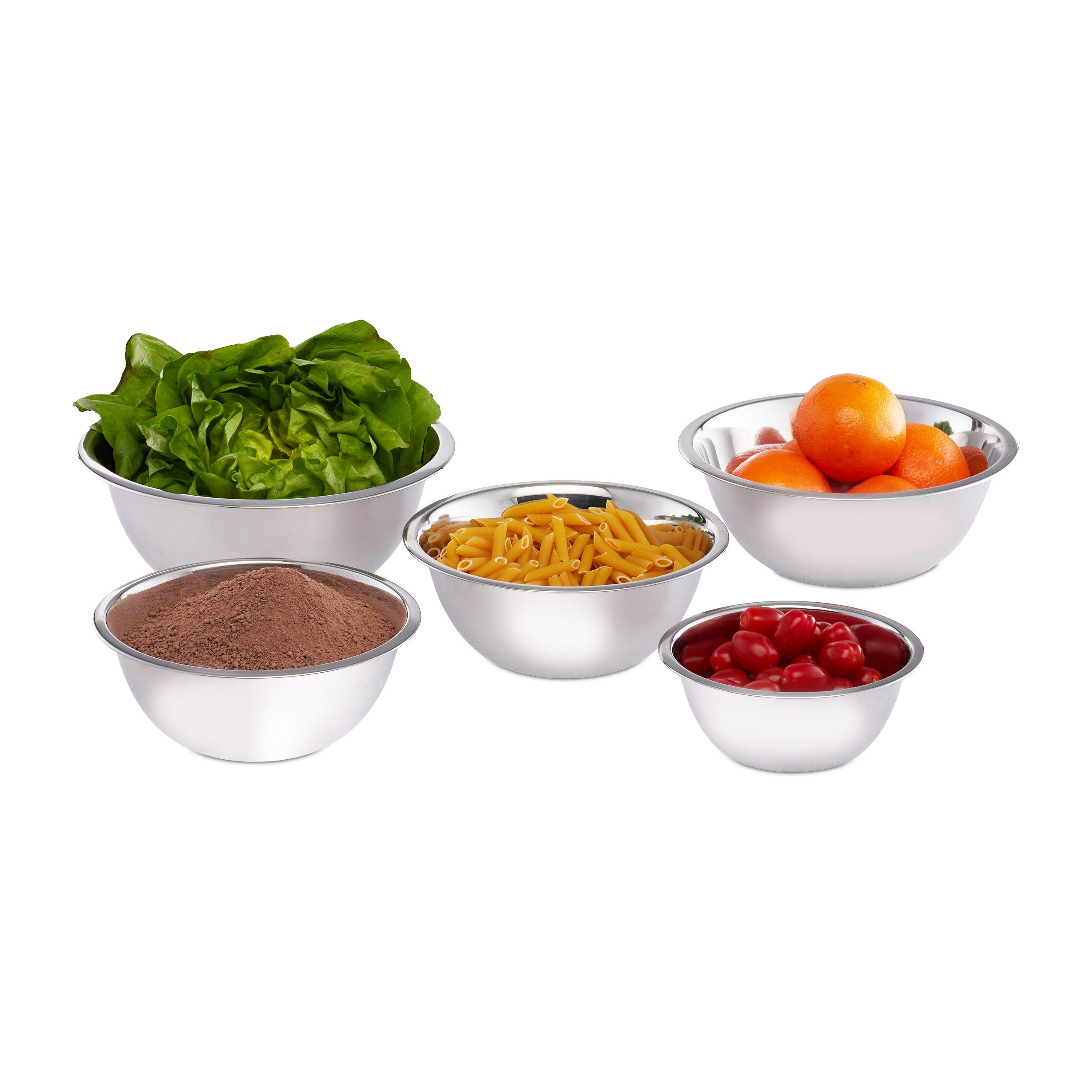 Relaxdays 10024739 Mixing Set of 5, Various Sizes, Serving Bowls, Stackable, Stainless Steel Dishes, Silver