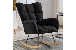 Whalemon Rocking Chair Nursery, Teddy Upholstered Glider Rocker with High Backrest, Reading Chair Modern Rocking Accent Chairs Glider Recliner for Living Room, Nursery, Bedroom,Black