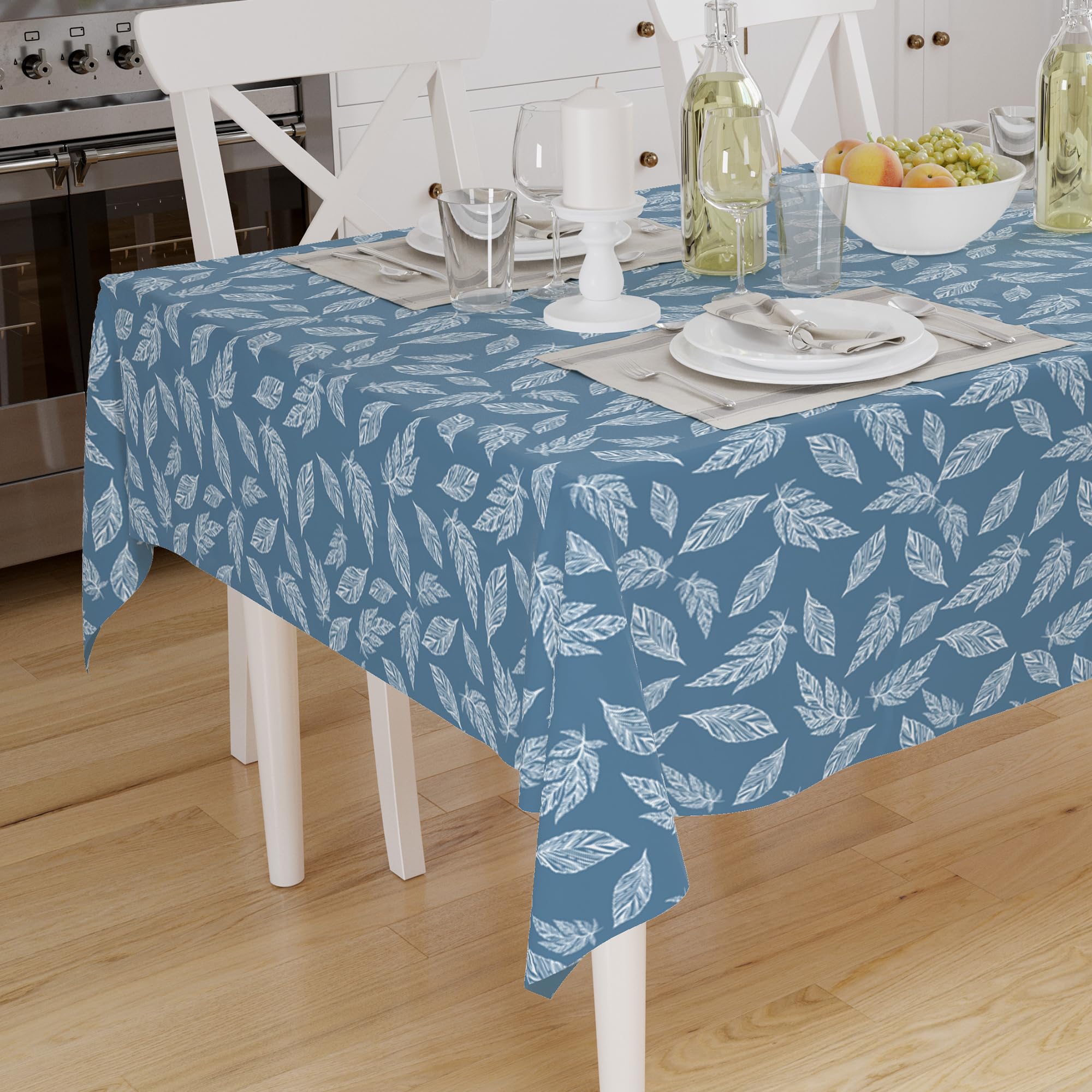 Encasa XO Printed Tablecloth 140x180 cm for 4 to 6 Seater Dining Table of length upto Rectangular, 100% Cotton, Machine Washable, Durable, Rectangular, for Home, Restaurant, Banquet - Big Leaves Blue