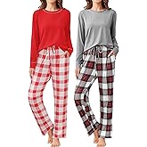 Ekouaer 2 Pack Women Pajama Long Sleeve Sleepwear Soft Loungewear Pjs Sets with Pockets S-XXL