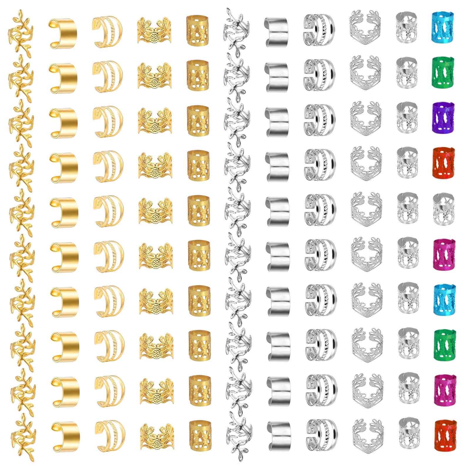 110 PCS Metal Gold Hair Cuffs - Adjustable Dreadlock Accessories for Women, Men and Girls - Reusable Braids Decoration for Party, Music Festival - Gold, Silver, Colorful