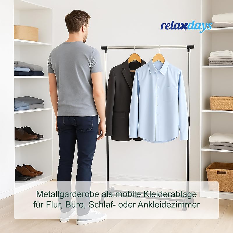 Kleiderständer, höhenverstellbar 90–158 cm, mit Rollen, Ablage, bis 15 kg, Garderobenständer, Silber/schwarz