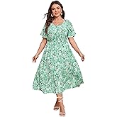 KOJOOIN Womens Plus Size Summer Dress V Neck Short Sleeve Tie Front Boho Beach Floral Printed Maxi Dress with Pockets