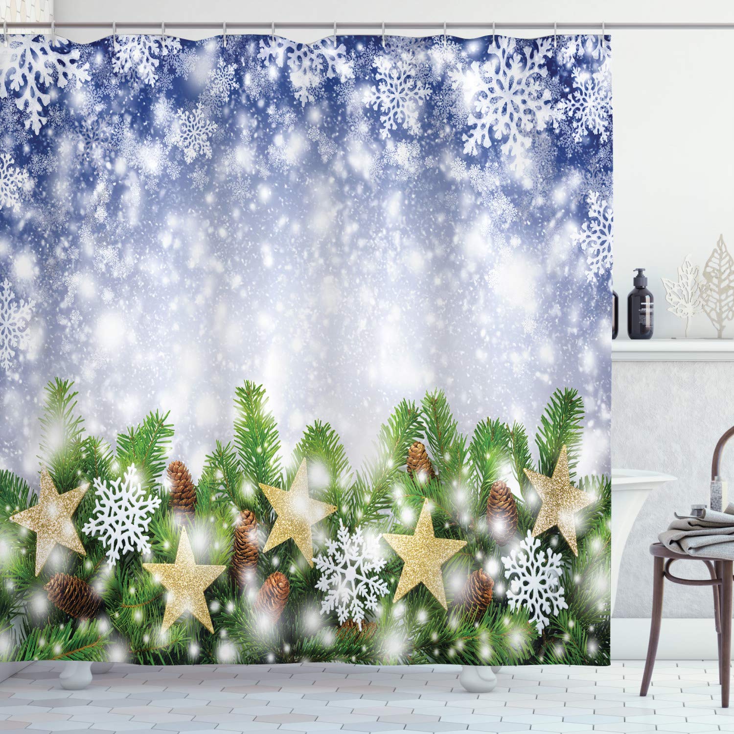 ABAKUHAUS Christmas Shower Curtain, Snow Time with Falling Flakes and Bokeh Backdrop Fir Twigs with Cones and Stars, Cloth Fabric Bathroom Decor Set with Hooks, 86 Inches Extra Long, Multicolor