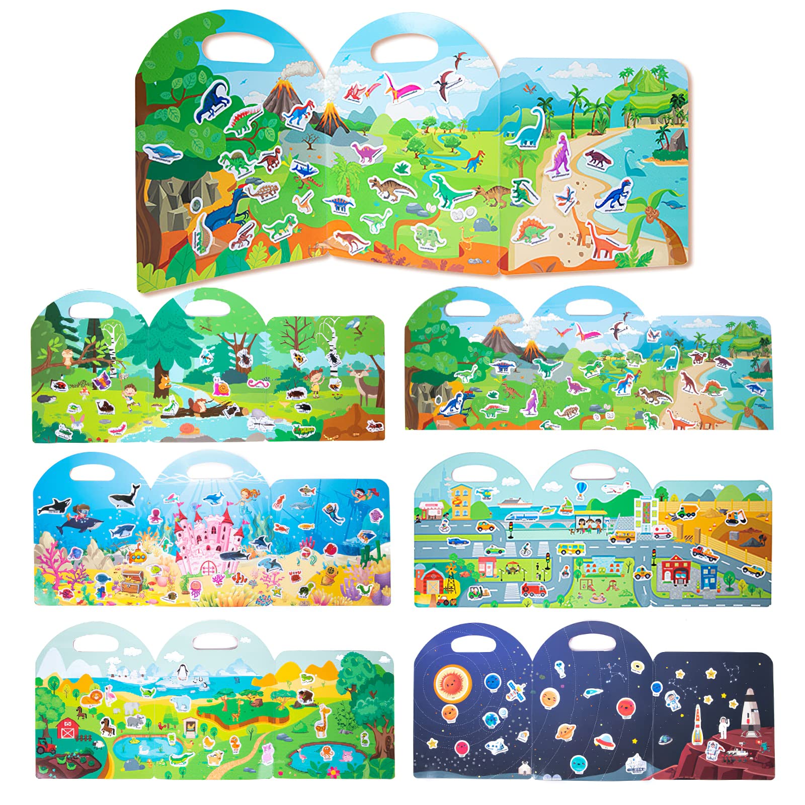MIKNEKE 6 Pack Jelly Reusable Sticker Books for Toddlers 1-3 2-4 Years, Portable Travel Toys Sticker Activity Book for Kids 2 3 4 Year Old Girls Boys, Animal Insect Dinosaur Ocean Space Car