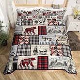 Rustic Cabin Duvet Cover Queen Woodland Wolf Deer Bear Bedding Set For Kids Adults,Red Black Buffalo Plaid Comforter Cover Wildlife Camping Lodge Mountain Bed Set Southwestern Farmhouse Decor