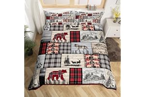 Rustic Cabin Duvet Cover Full Woodland Wolf Deer Bear Bedding Set For Kids Adults,Red Black Buffalo Plaid Comforter Cover Wil