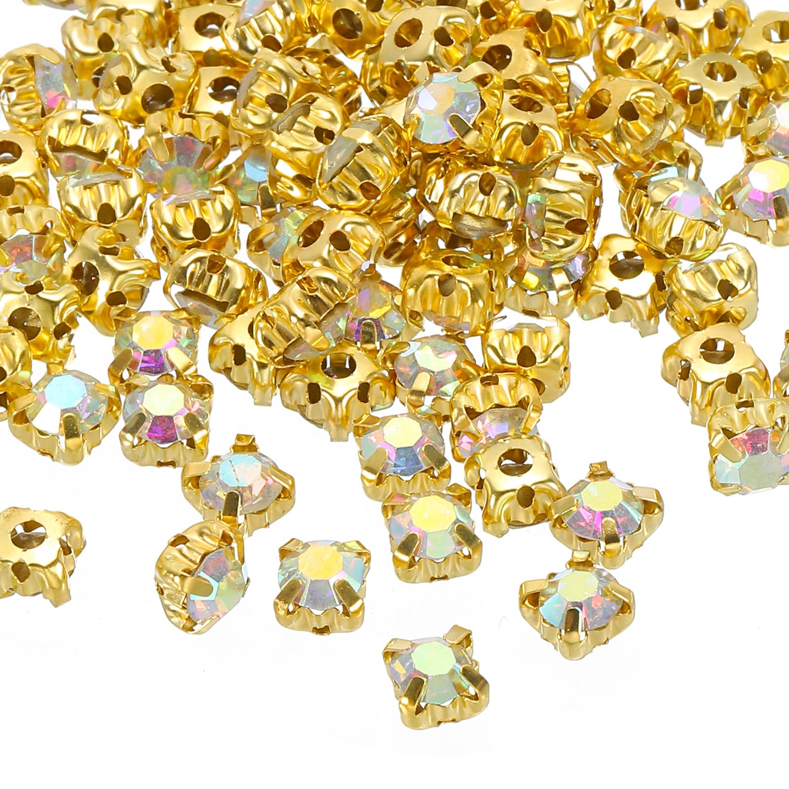 PATIKIL 5mm Claw Sew on Rhinestones, 100 Pcs Glass Metal Flatback Base Flower Claw Gems, White AB