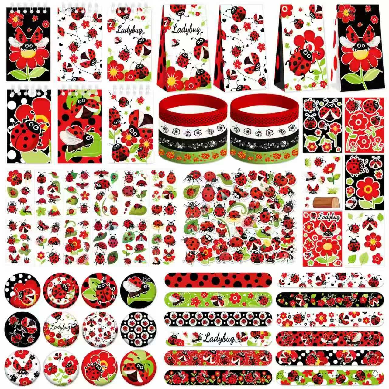 Ladybug Party Favors, 12 Goodie Bags, 12 Mini Notepads, 12 Rubber Bracelets, 50 Stickers, 12 Assemble Stickers, 12 Button Badges, 12 Slap Bracelets for Ladybug Themed Party Supplies, 122PCS ﻿