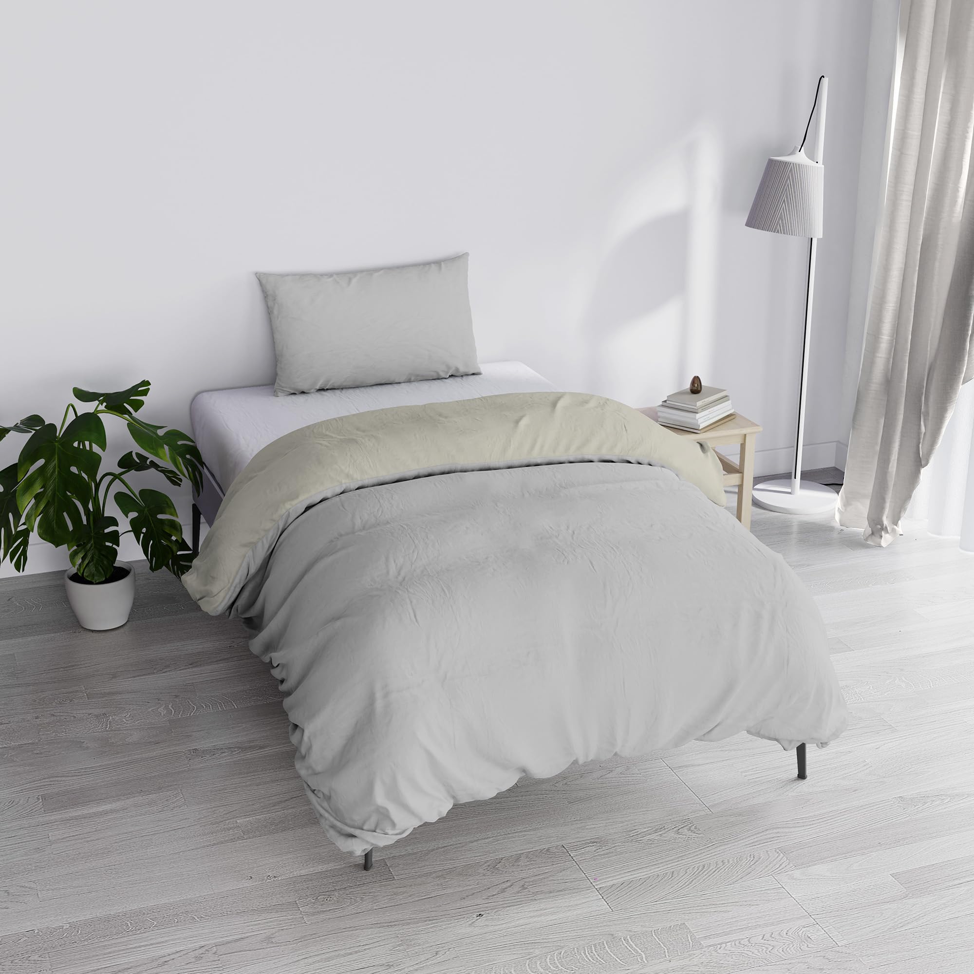 Italian Bed Linen Duvet Cover Set “Natural Doubleface Solid Colour Bag Sheet and Pillowcase, Cotton, Light Gray/Cream, Single