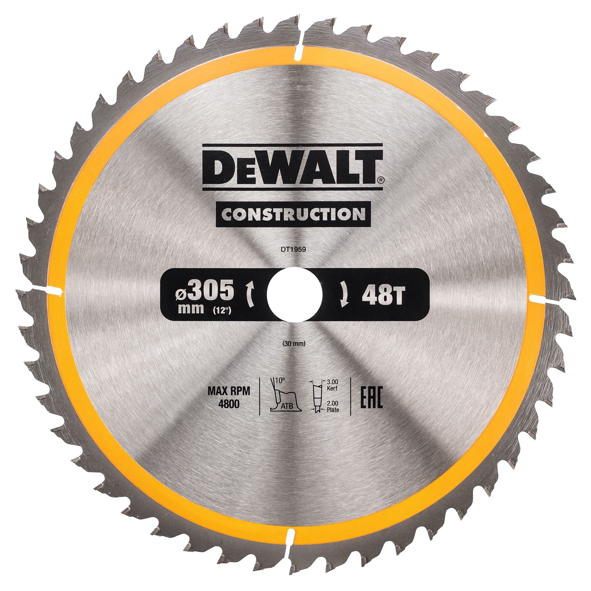 DEWALT DT1959 Construction Circular Saw Blade 305mm x 30mm x 48T, 240 V, Yellow/Black