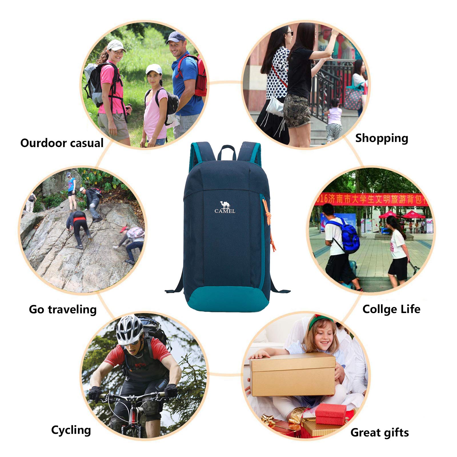 Camel 10L Lightweight Travel Backpack Outdoor Mountaineering Hiking Daypack with Durable & Waterproof (Dark Green/Blue)