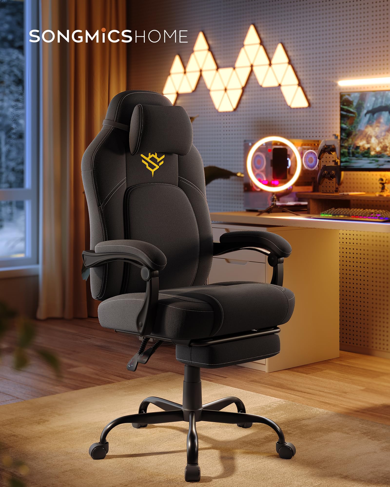 SONGMICS HOME Gaming-Stuhl, ergonomischer Computerstuhl mit Fußstütze, Bürostuhl, Drehstuhl mit Kopfkissen, Baumwoll-Leinen-Mischgewebe, höhenverstellbar, tintenschwarz OBG072BH03 2