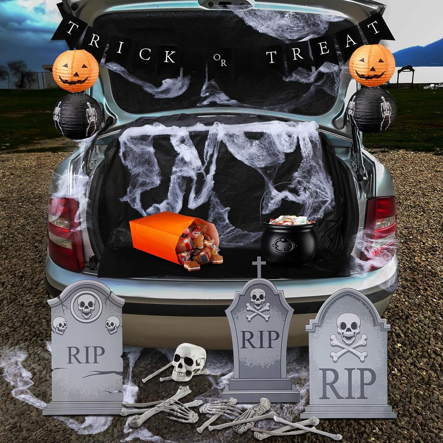 Garage Door Decorations - Wettarn 26 Pcs Halloween Trunk or Treat Car Decorations Kit Tombstone Cutouts Spooky Spider Web Plastic Skeleton Bones Trick or Treat Halloween Banner Witch Cauldron Pumpkin Lantern for Party Decor