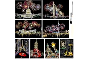 AP ARTSPER Scratch Art for Kids & Adult, Rainbow Engraving Painting Landscape Scratchboard(A4) Crafts Set: 8 Sheets 4 tools - Congress Building, Burj Al Arab, Eiffel Tower, Big Ben, Moscow(Fireworks / Building)