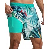 7 Inch Men Swim Trunks Palm Tree with Compression Breathable Liner Quick Dry Zipper Pockets for Board Beach Cruise