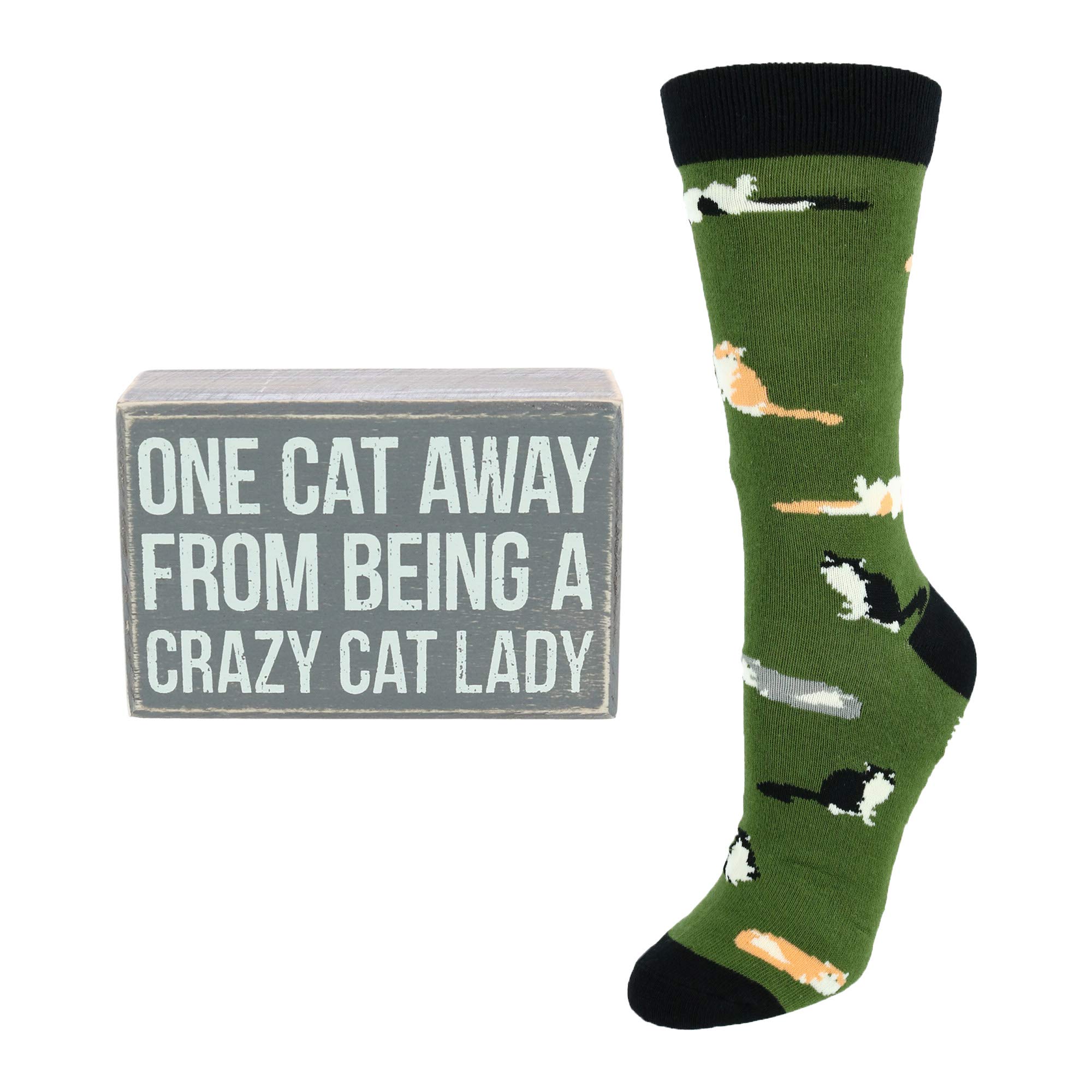 Primitives by Kathy Crazy Cat Lady Box Sign & Sock Gift Set, Green