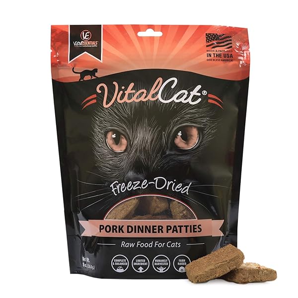 VITAL ESSENTIALS FREEZE DRIED CAT FOOD, PORK DINNER PATTIES 8 OZ