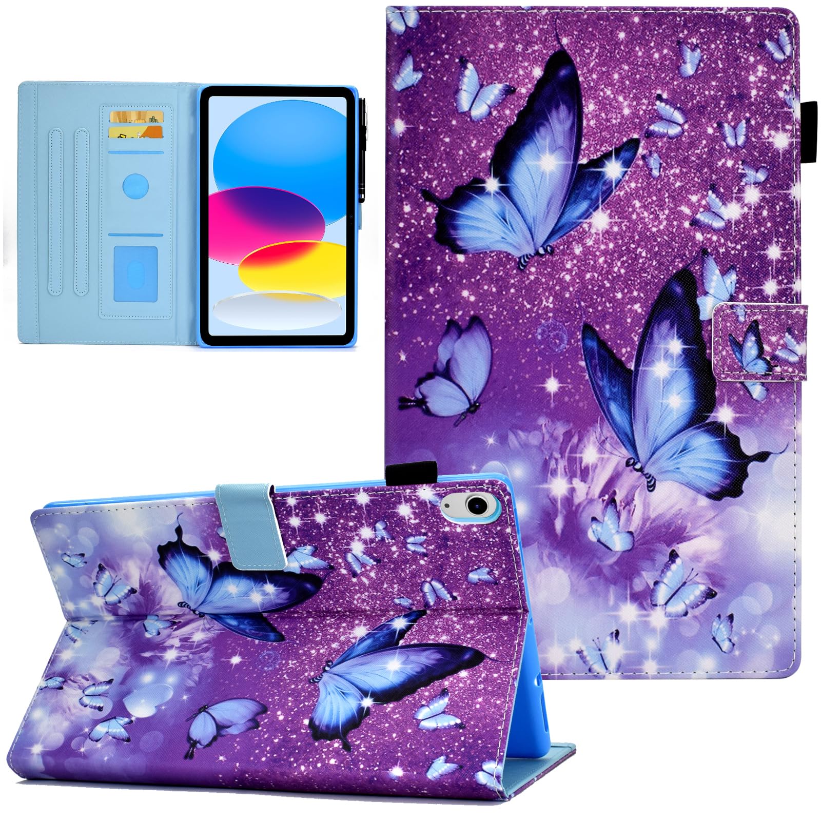 AUSMIX Case for iPad (A16) 11th Generation 11 inch 2025, iPad 10th Generation 10.9 inch 2022, Cute PU Leather Stand Cover, Auto Wake/Sleep Smart Shell with Pencil Holder, Purple Butterfly
